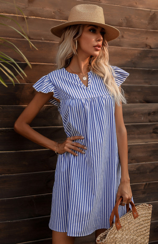 Ladies Fashion Striped Summer V-Neck Dress