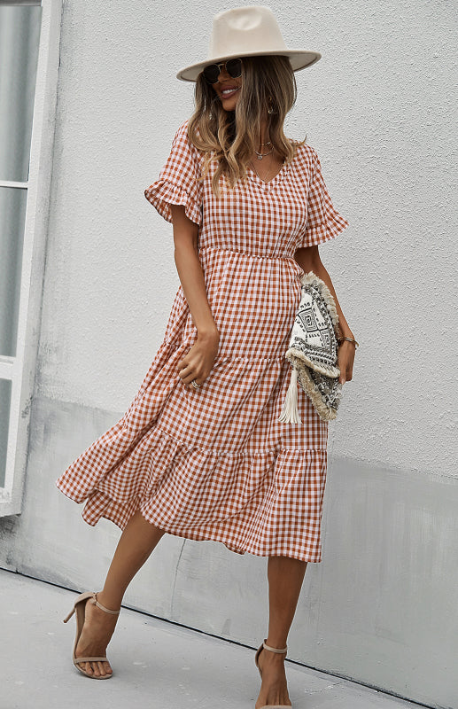 Women's spring and summer sexy big swing skirt plaid temperament dress