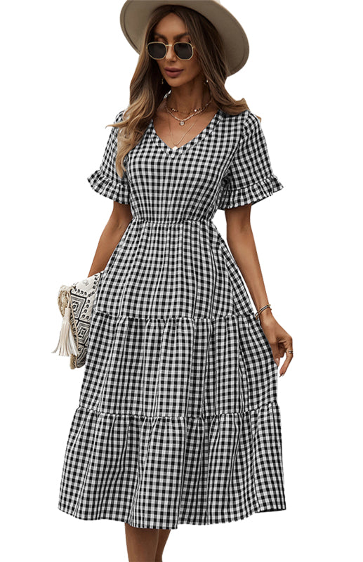 Women's spring and summer sexy big swing skirt plaid temperament dress