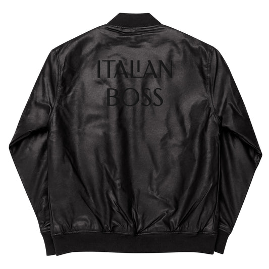 ITALIAN BOSS WRITING BLACK EMBRORDERY ON BLACK Leather Bomber Jacket