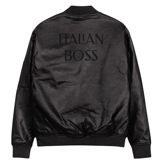 ITALIAN BOSS WRITING BLACK EMBRORDERY ON BLACK Leather Bomber Jacket