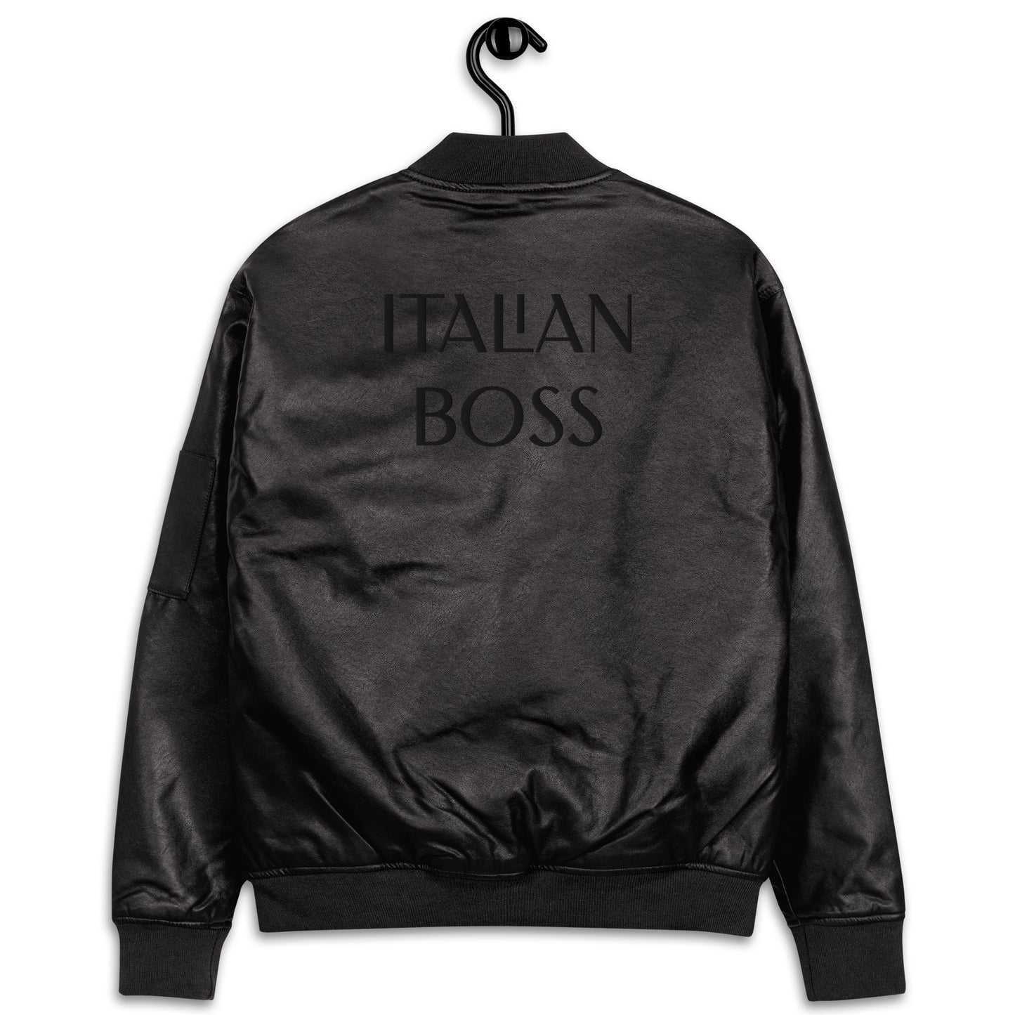 ITALIAN BOSS WRITING BLACK EMBRORDERY ON BLACK Leather Bomber Jacket