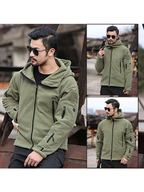 Men's Outdoor Warm Liner Fleece Jacket Cold-Proof Jacket Wind Hood Solid Color Hooded Jacket