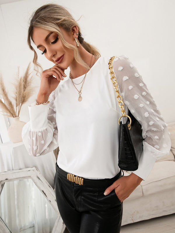 Round Neck Solid Jacquard Polka Dot Long Sleeve Top