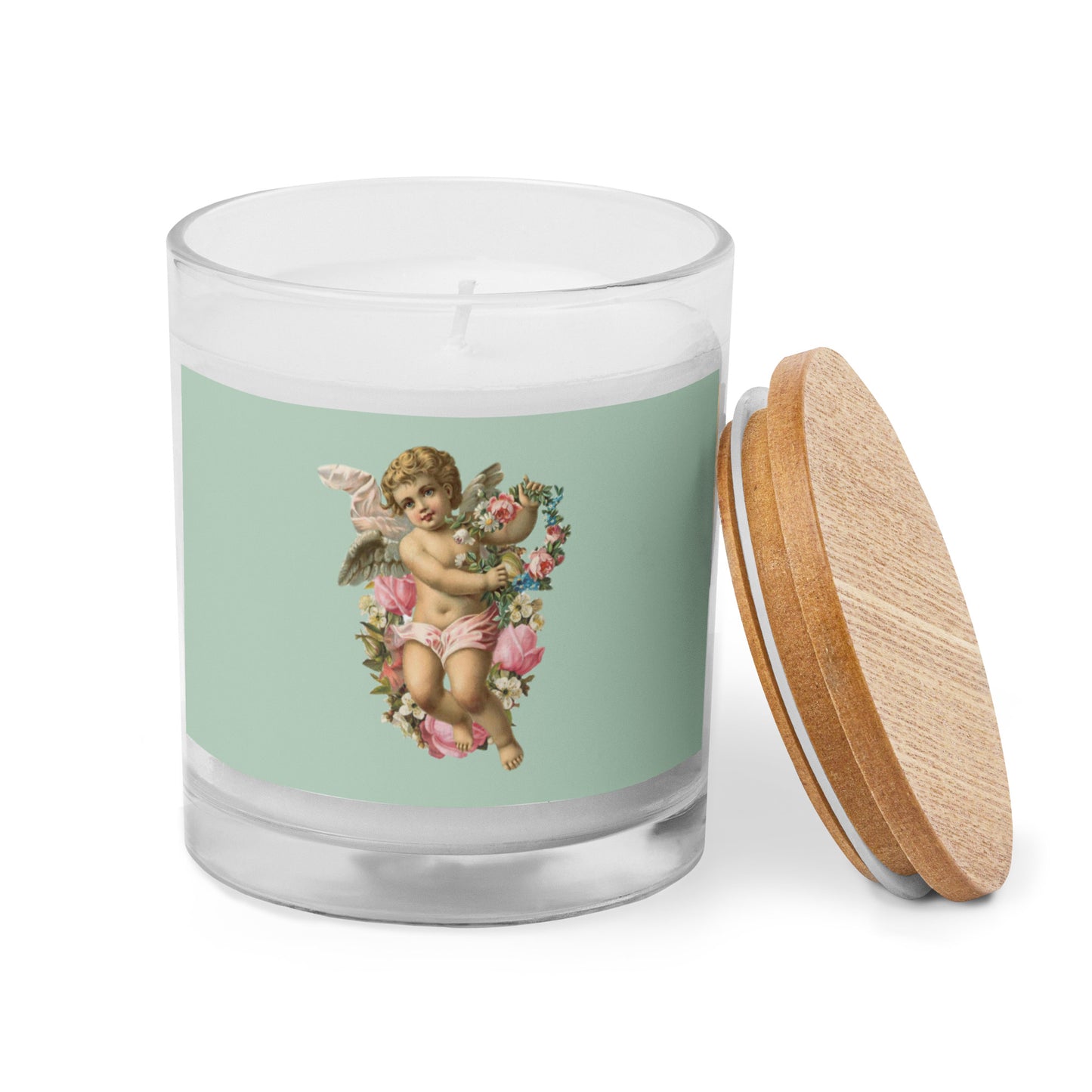 VINTAGE ANGEL WITH A BACKGROUND OF SAGE Glass jar candle