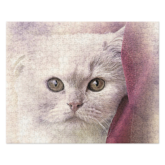 WHITE CAT WITH PINK BLANKET Jigsaw puzzle