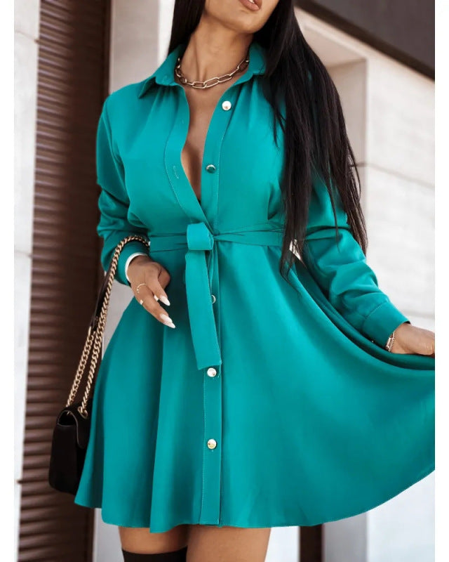 Women's solid lapel button tie dress