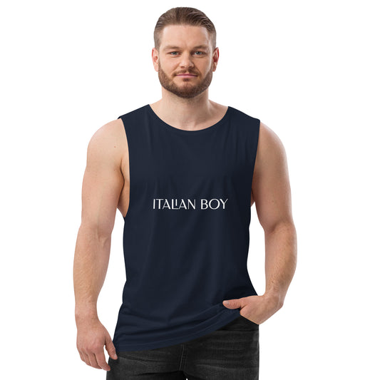 ITALIAN BOY- WHITE WRITING ON NAVY BLUE Men’s drop arm tank top