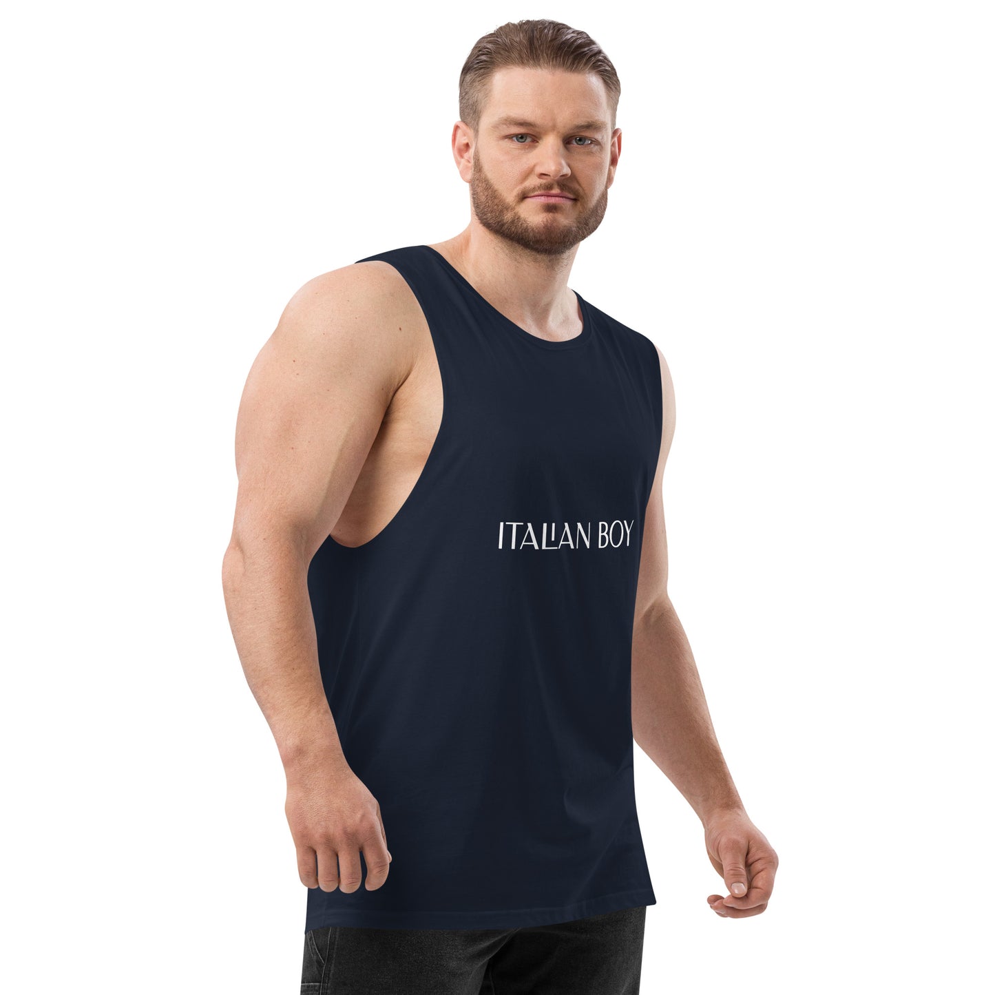 ITALIAN BOY- WHITE WRITING ON NAVY BLUE Men’s drop arm tank top