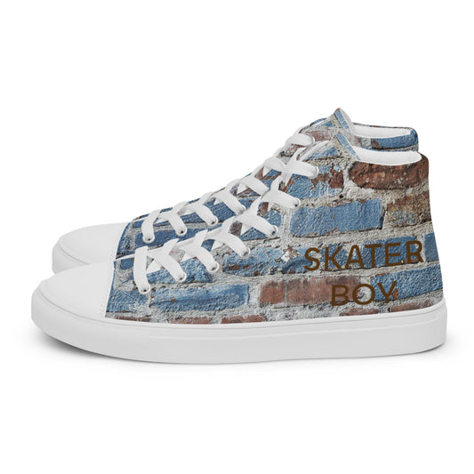 SKATER BOY-Men’s high top canvas shoes- SKATER BOY SHOWN IN LARGE ON ONE FOOT AND SKATER BOY SHOWING SMALL ON OTHER FOOT ON PURPOSE FOR THIS DESIGN :)