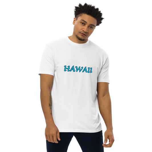 HAWAII WHITE SHIRT WITH WRITING IN TURQUOISE AND NAVY Men’s premium heavyweight tee