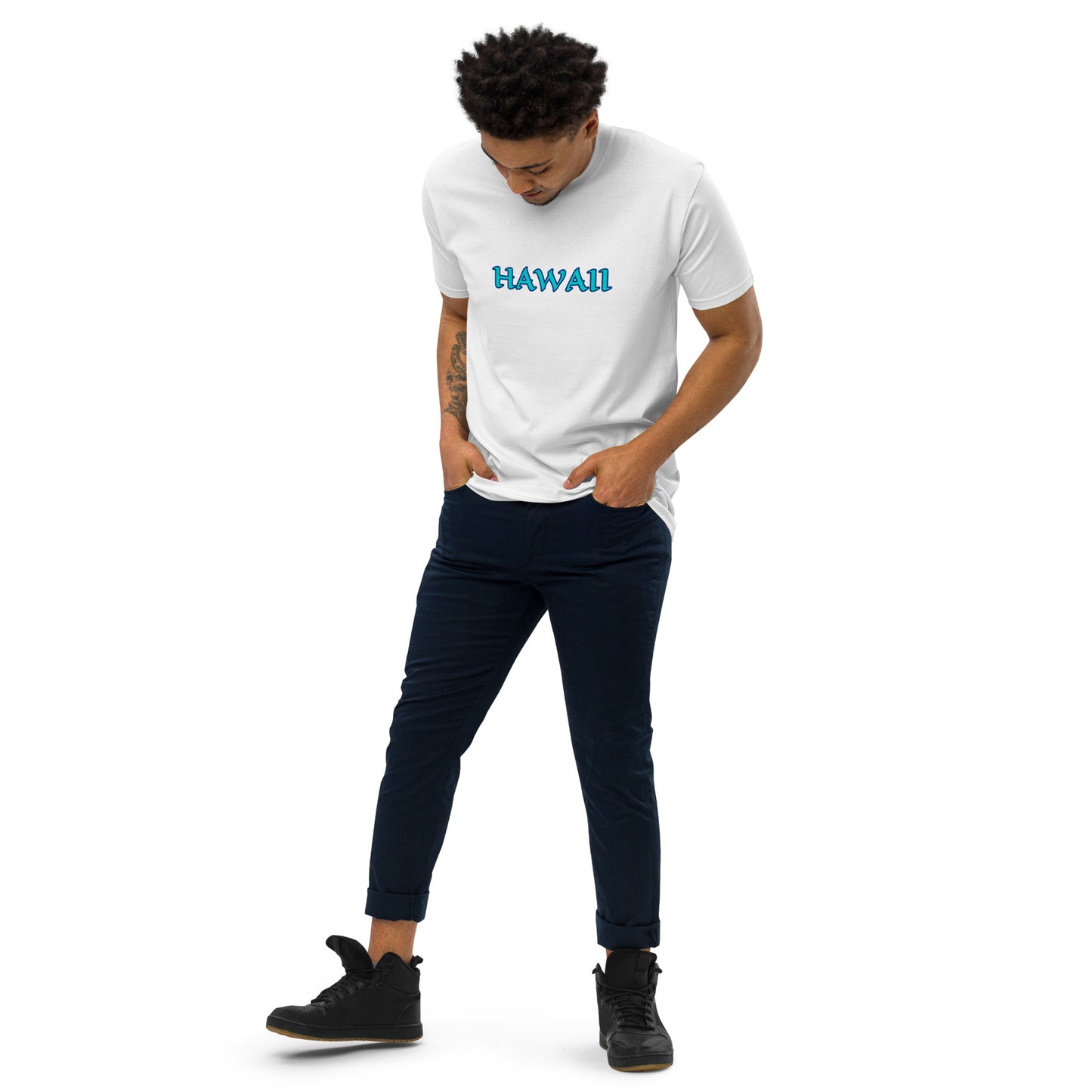 HAWAII WHITE SHIRT WITH WRITING IN TURQUOISE AND NAVY Men’s premium heavyweight tee