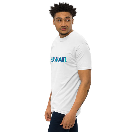 HAWAII WHITE SHIRT WITH WRITING IN TURQUOISE AND NAVY Men’s premium heavyweight tee