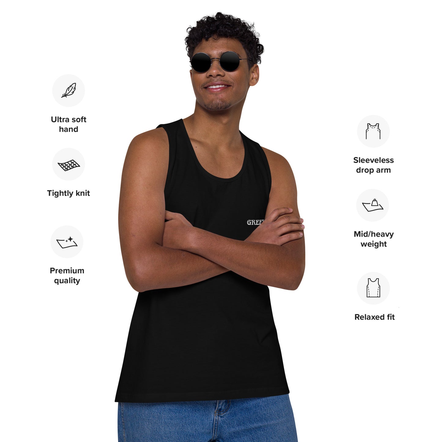 GREEK BOY (EMBROIDERY STITCHED WORDS)Men’s premium tank top