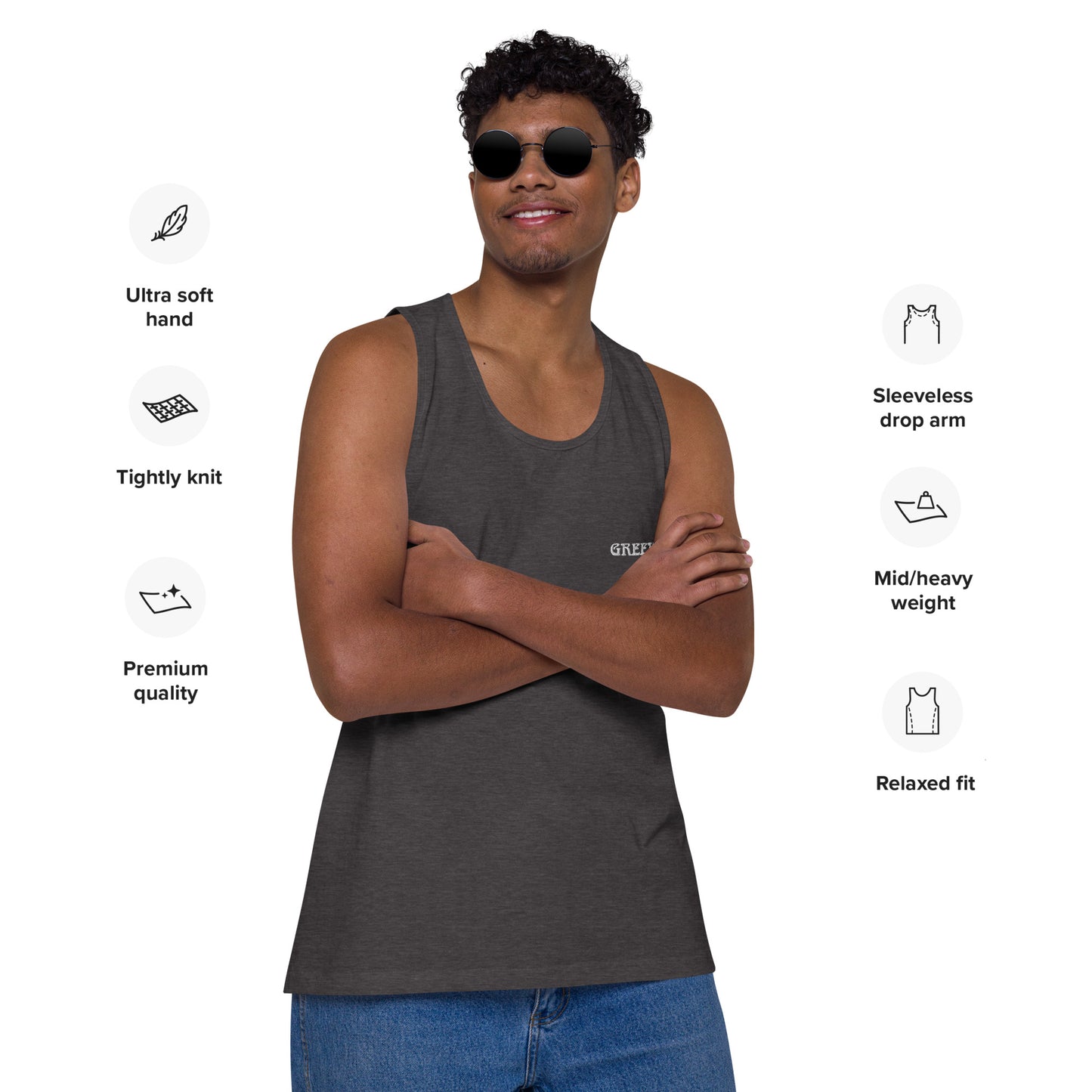 GREEK BOY (EMBROIDERY STITCHED WORDS)Men’s premium tank top