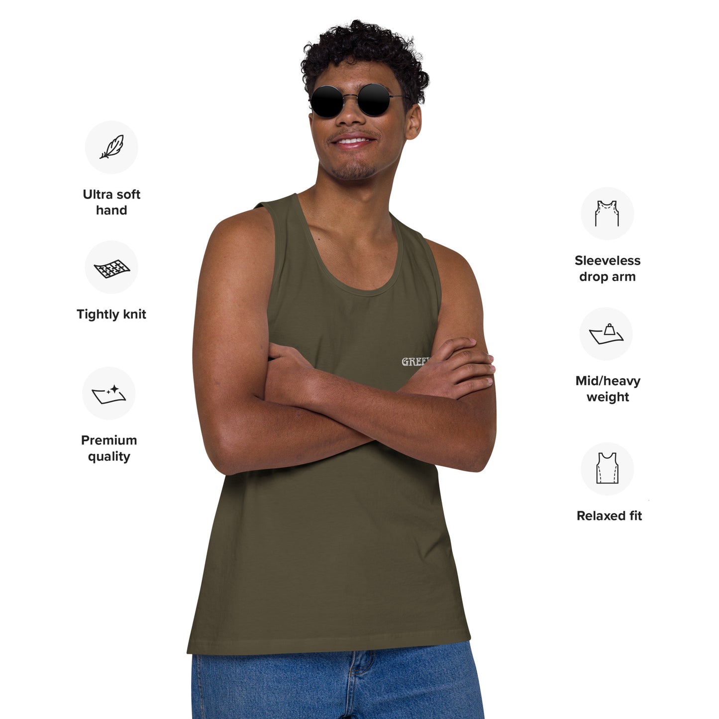 GREEK BOY (EMBROIDERY STITCHED WORDS)Men’s premium tank top