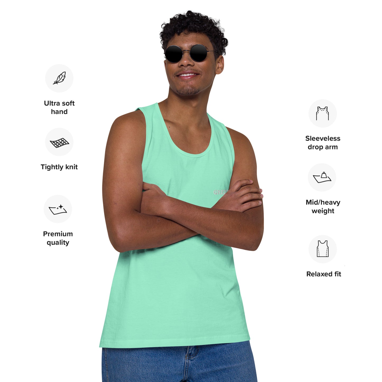 GREEK BOY (EMBROIDERY STITCHED WORDS)Men’s premium tank top