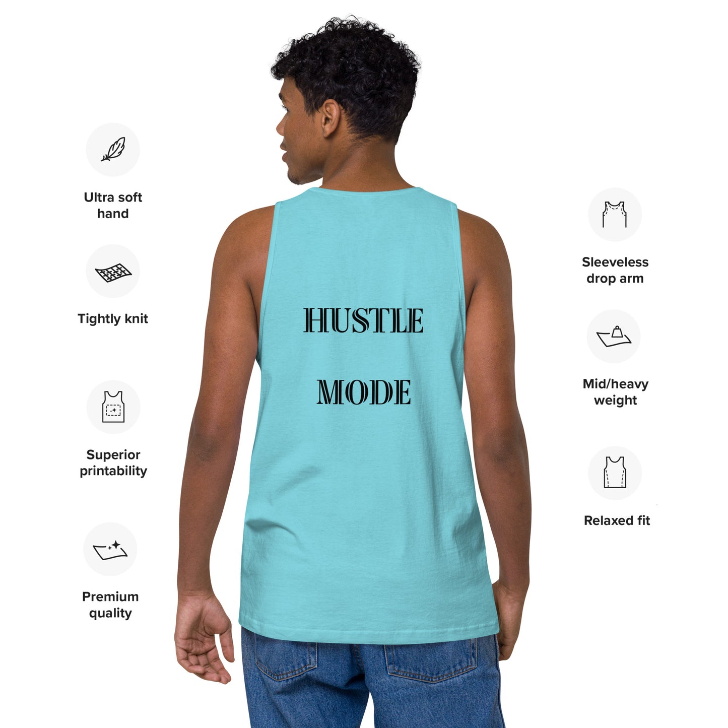 HUSTLE MODE- IN BABY BLUE -WITH BLACK WRITING-Men’s premium tank top