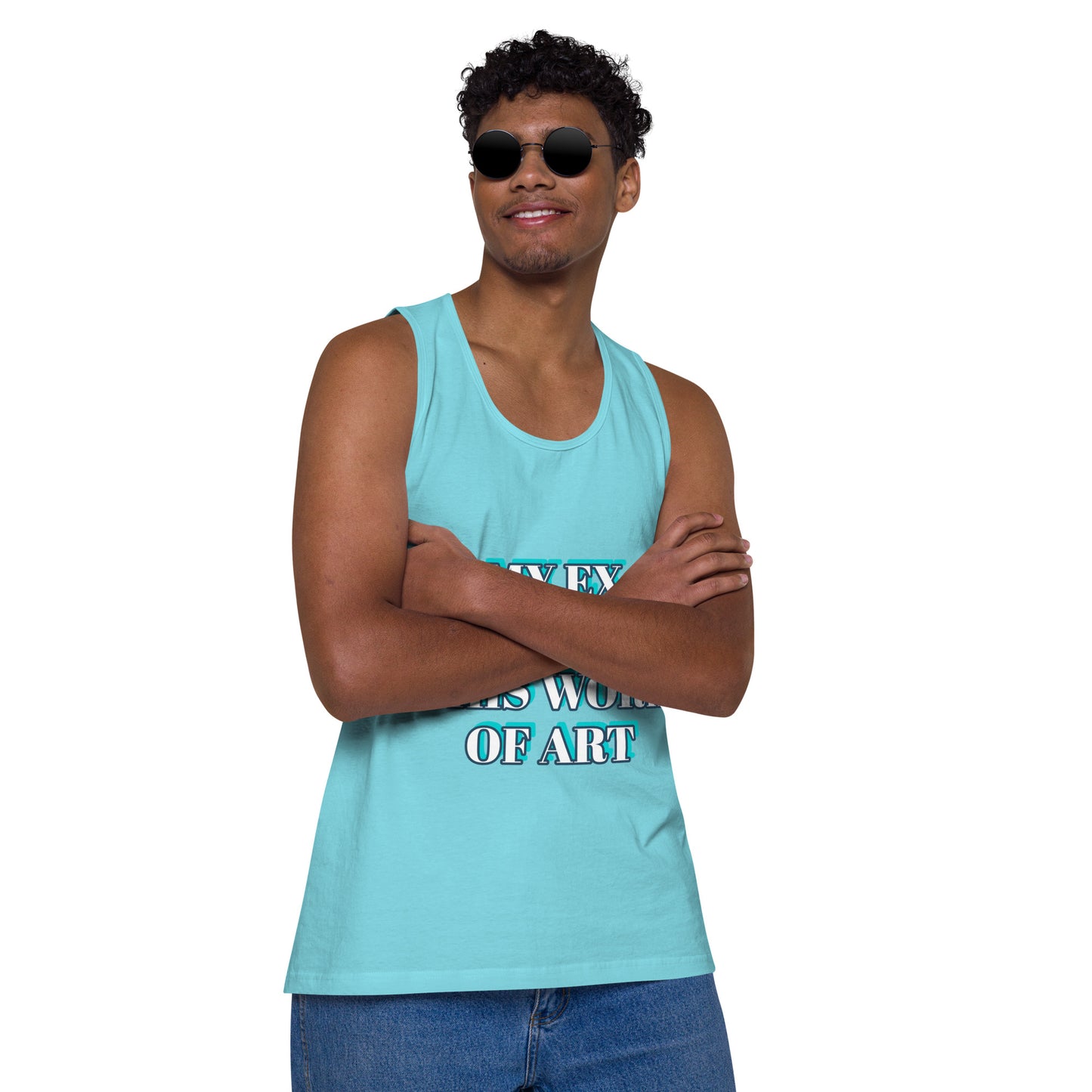 MY EX CREATED THIS PIECE OF ART - WHITE OR BABY BLUE Men’s premium tank top