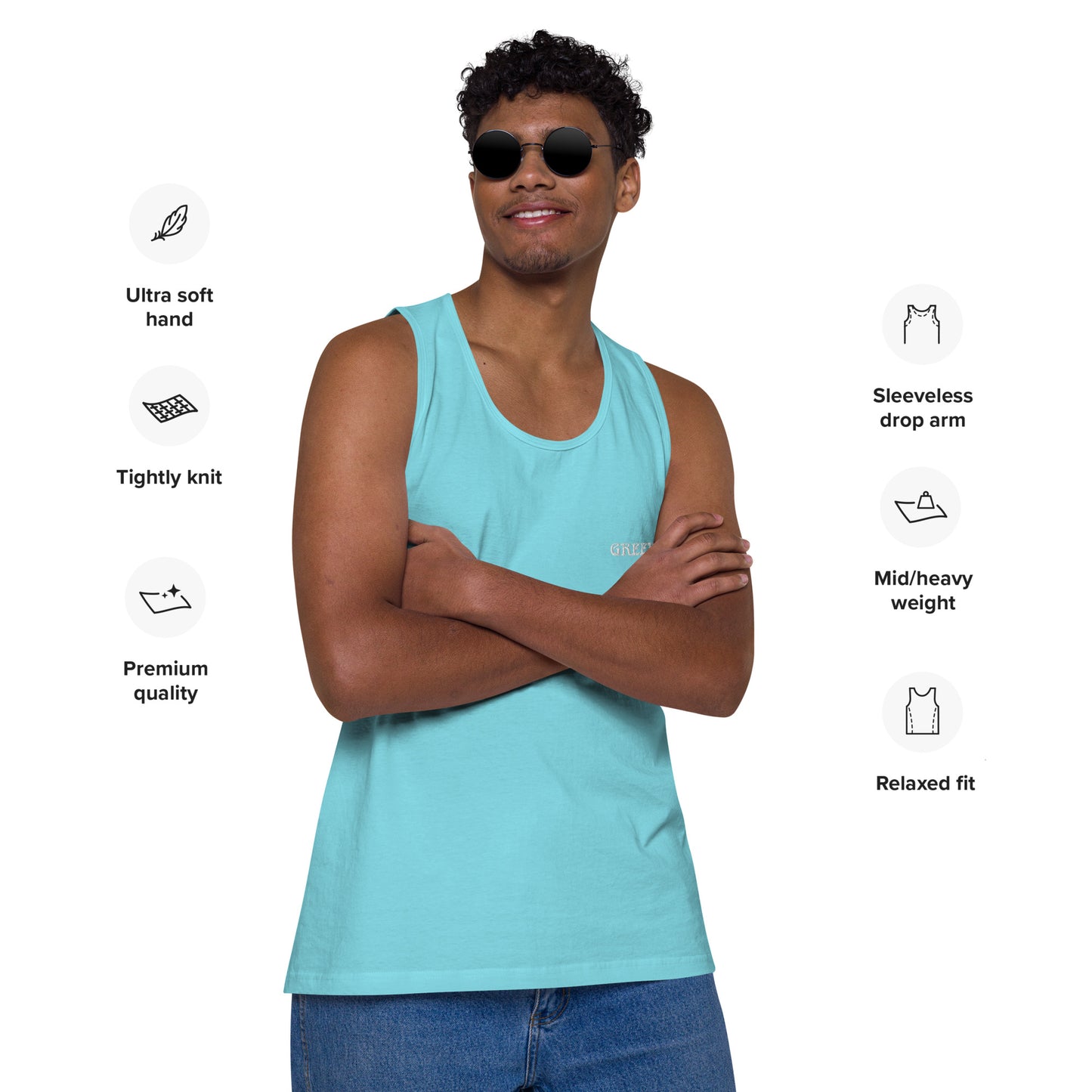 GREEK BOY (EMBROIDERY STITCHED WORDS)Men’s premium tank top