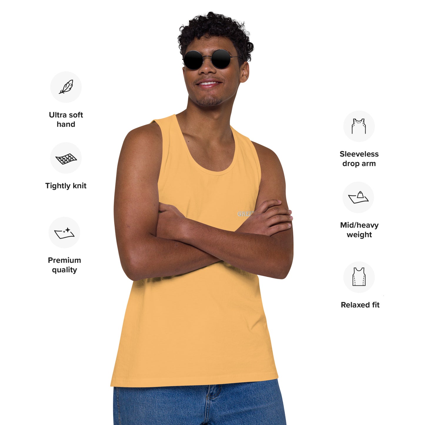 GREEK BOY (EMBROIDERY STITCHED WORDS)Men’s premium tank top