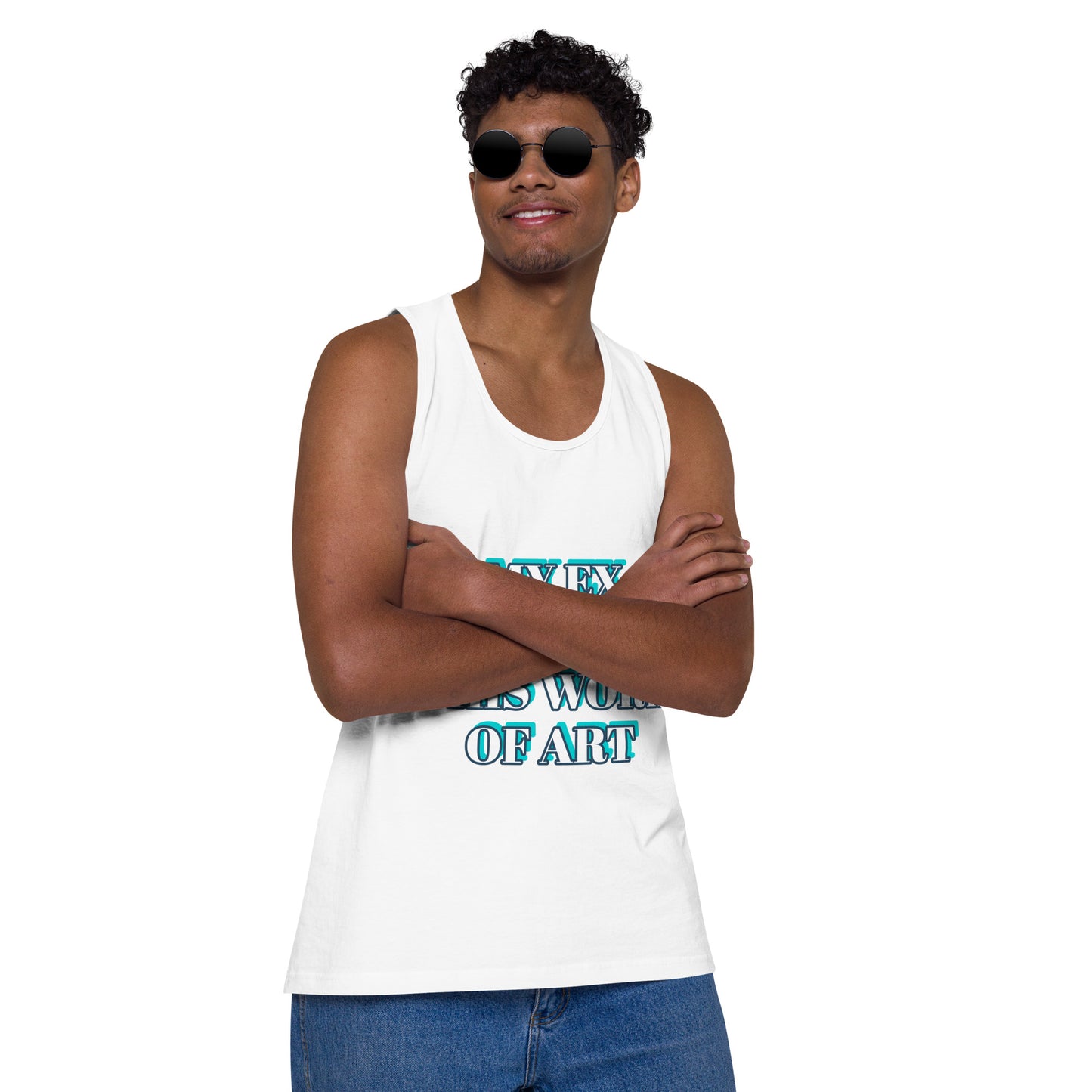 MY EX CREATED THIS PIECE OF ART - WHITE OR BABY BLUE Men’s premium tank top