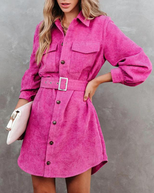 Women's casual solid color corduroy tie shirt dress