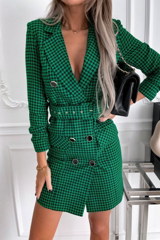 Women's houndstooth long-sleeve belted double-breasted dress