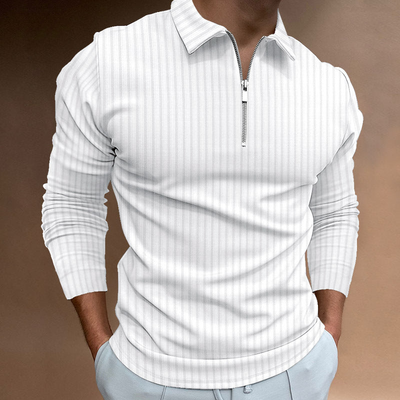 Men's solid color zipper striped long-sleeved POLO shirt