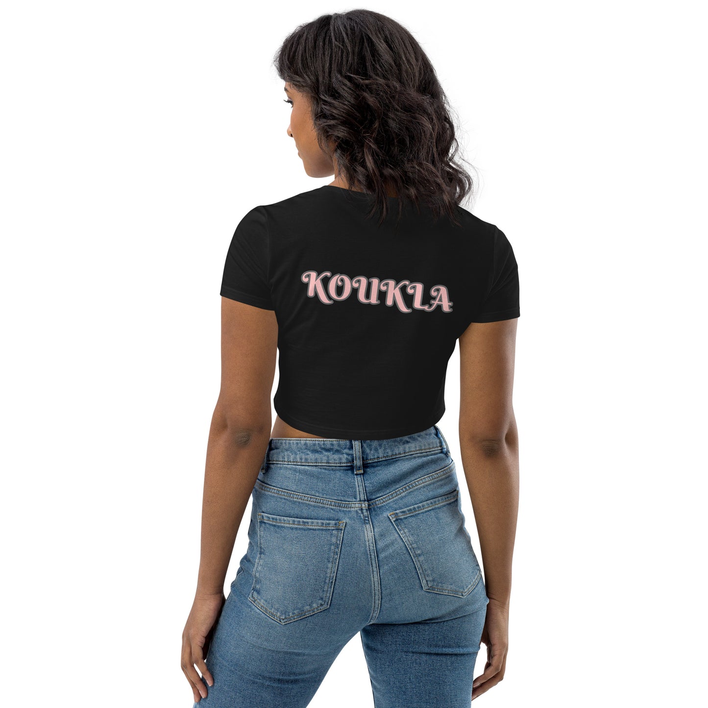 KOUKLA PRINT ON BACK OF T SHIRT IN WHITE OR IN BLACK ONLY BOTH HAVE PINK WRITING (KOUKLA MEANS DOLL IN GREEK) Organic Crop Top