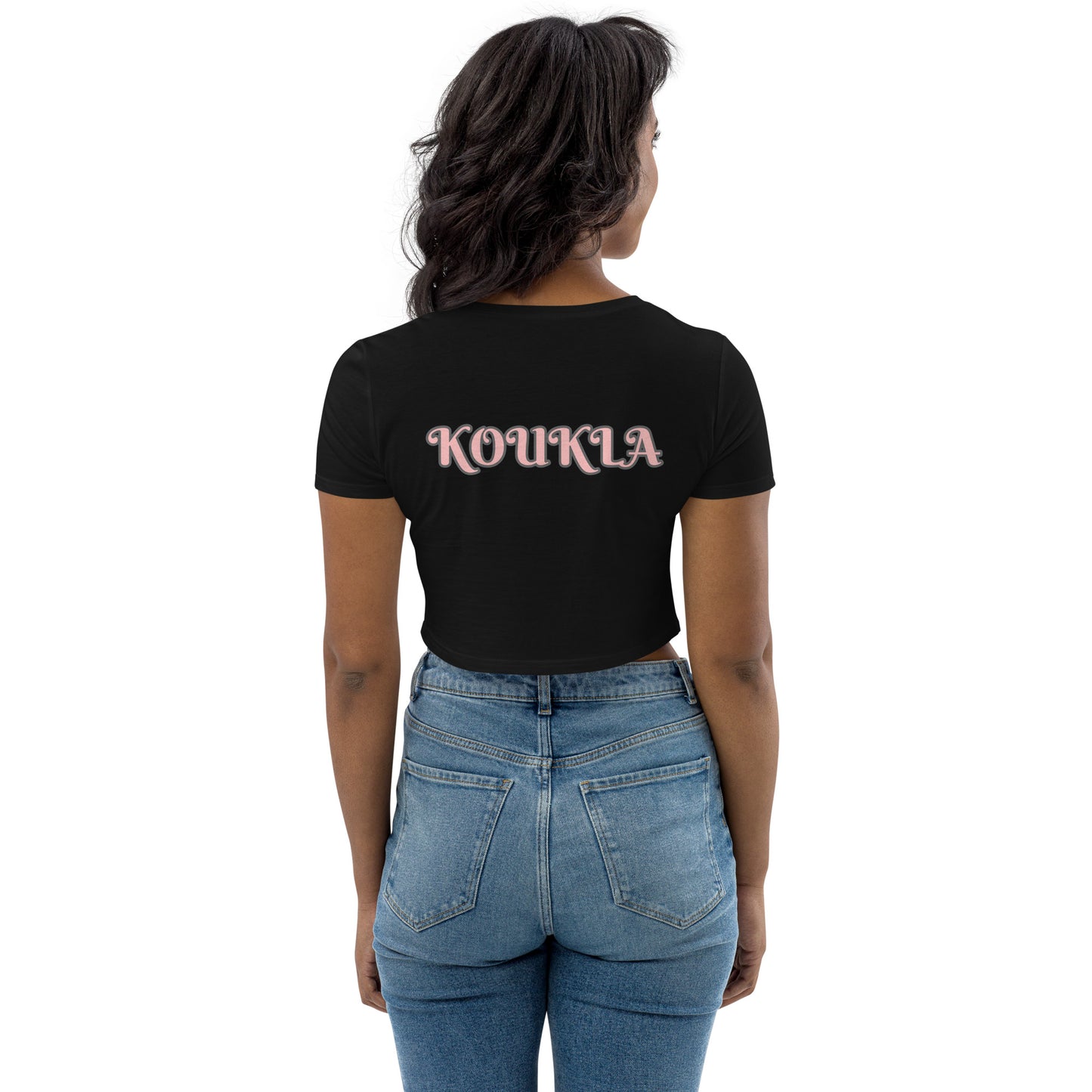 KOUKLA PRINT ON BACK OF T SHIRT IN WHITE OR IN BLACK ONLY BOTH HAVE PINK WRITING (KOUKLA MEANS DOLL IN GREEK) Organic Crop Top