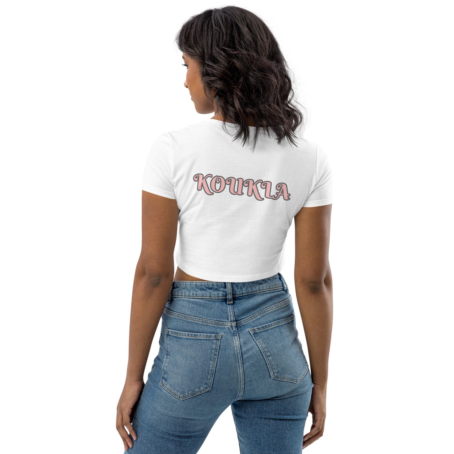 KOUKLA PRINT ON BACK OF T SHIRT IN WHITE OR IN BLACK ONLY BOTH HAVE PINK WRITING (KOUKLA MEANS DOLL IN GREEK) Organic Crop Top