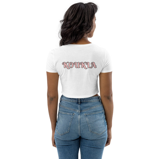 KOUKLA PRINT ON BACK OF T SHIRT IN WHITE OR IN BLACK ONLY BOTH HAVE PINK WRITING (KOUKLA MEANS DOLL IN GREEK) Organic Crop Top