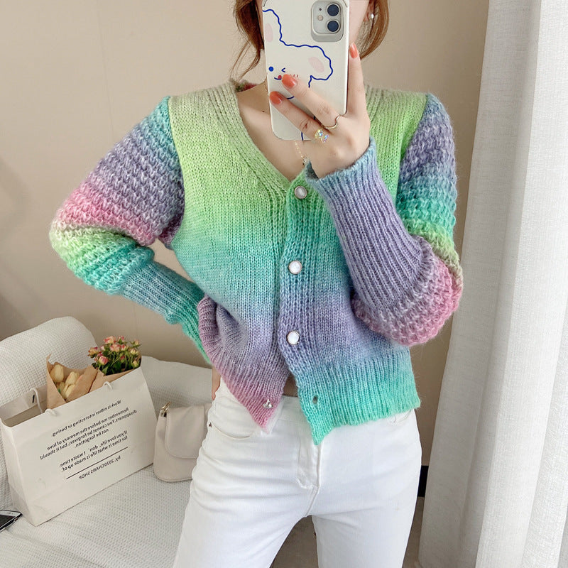 Rainbow Gradient Color Sweater Loose Lazy Long-sleeved V-neck Knit Cardigan