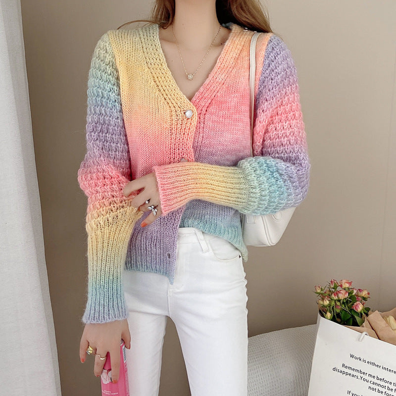 Rainbow Gradient Color Sweater Loose Lazy Long-sleeved V-neck Knit Cardigan