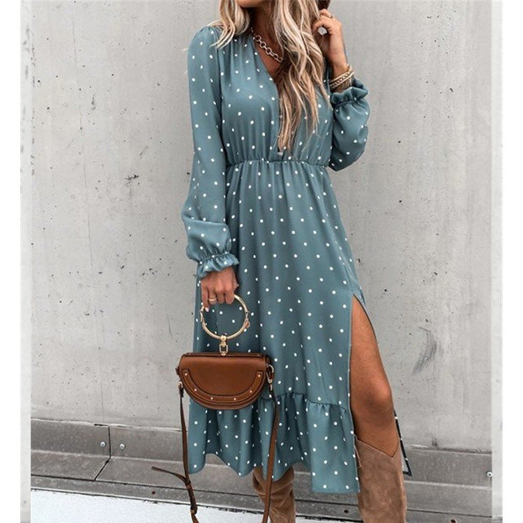 V-Neck Button Polka Dot Print Slit Dress