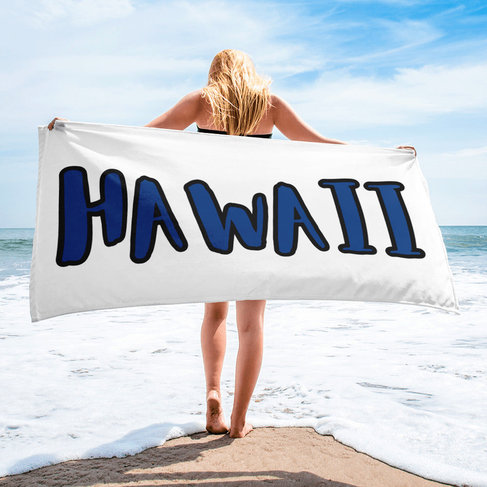 HAWAII----BLUE WRITING WITH BLACK TRIM ON WHITE  Towel