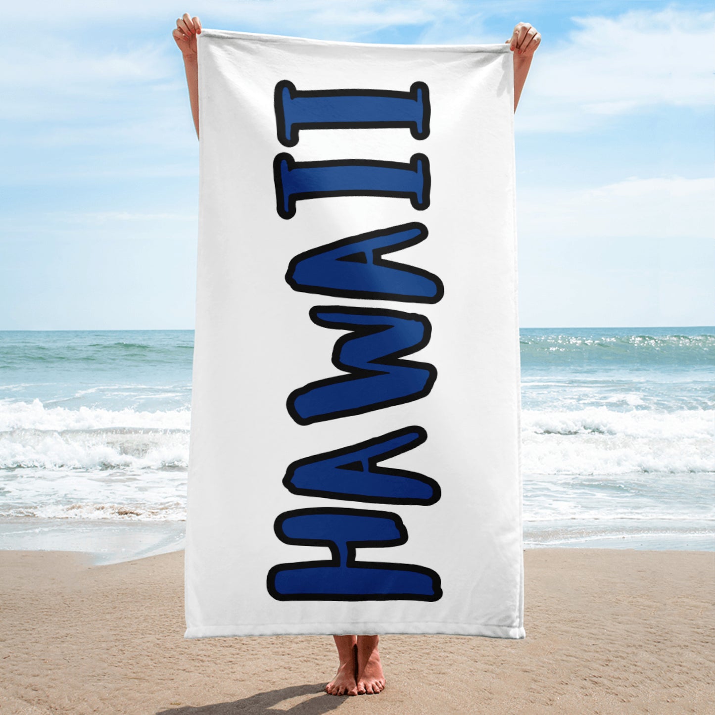 HAWAII----BLUE WRITING WITH BLACK TRIM ON WHITE  Towel