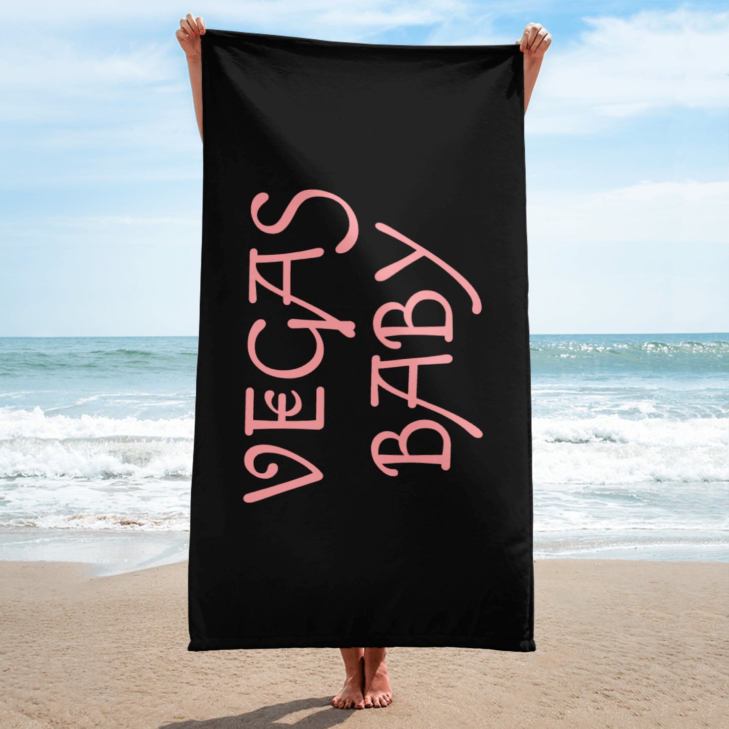 VEGAS BABY IN PINK WRITING AND BLACK Towel