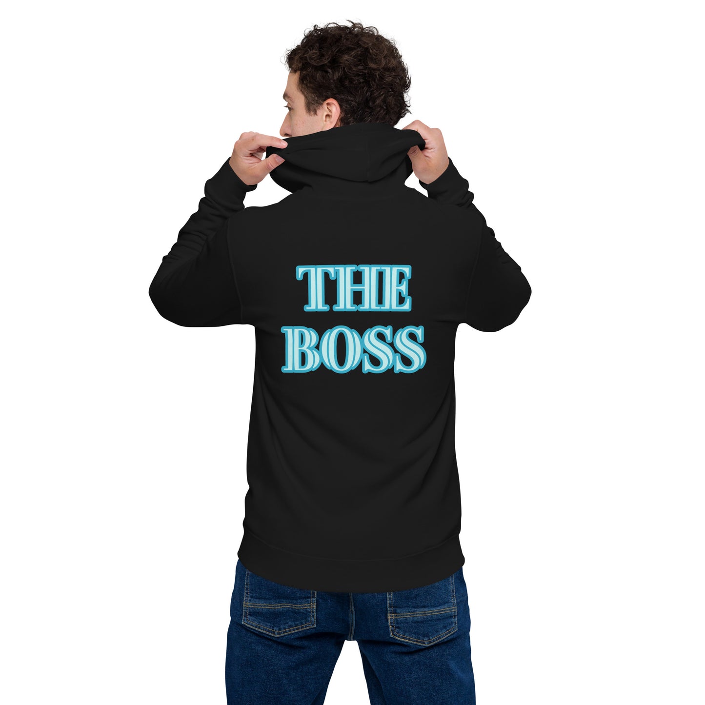 THE BOSS (BLUE WRITING) ON BLACK BACKGROUND Unisex basic zip hoodie