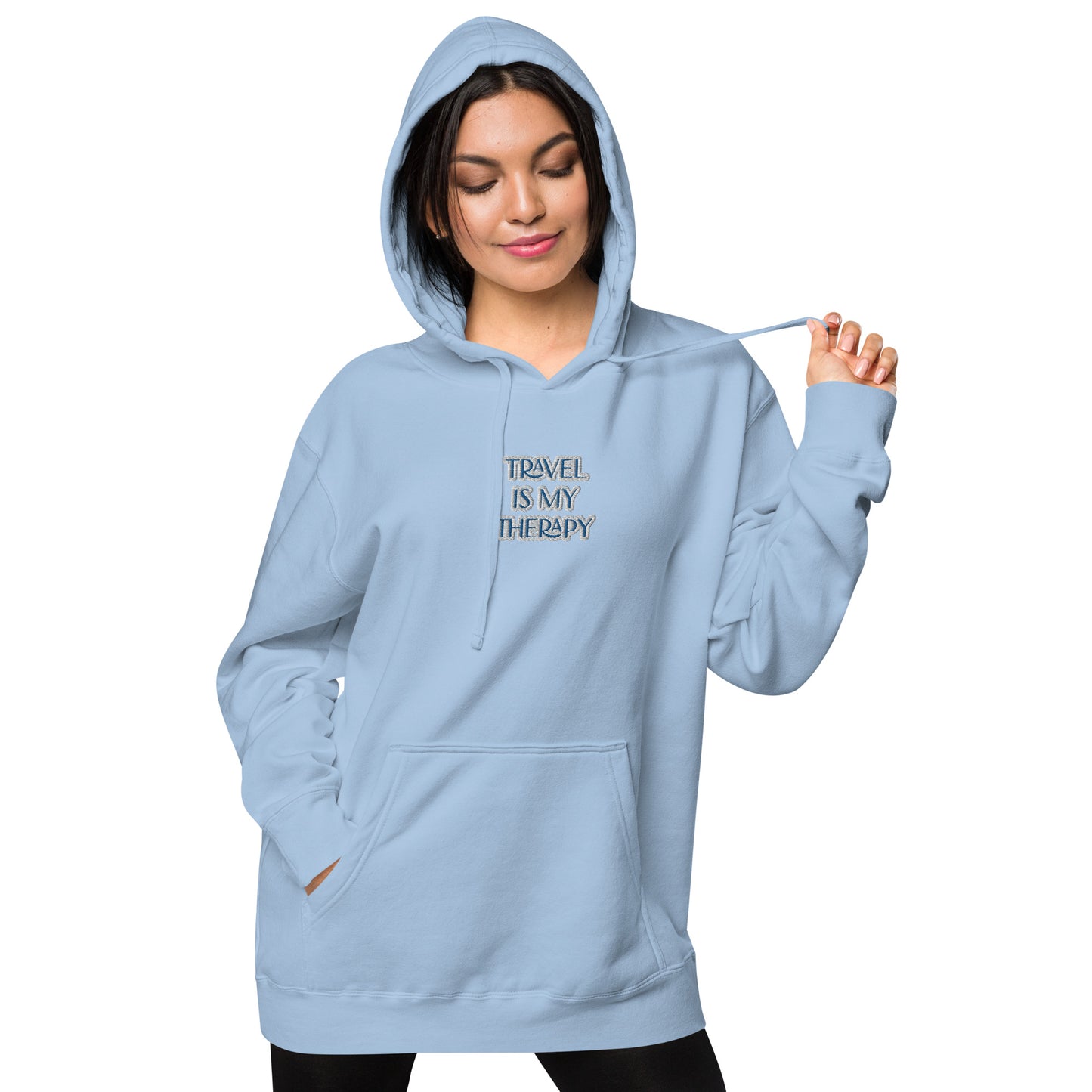 TRAVEL IS MY THERAPY IN BLUE---COTTON & EMBROIDERY UNISEX HOODIE