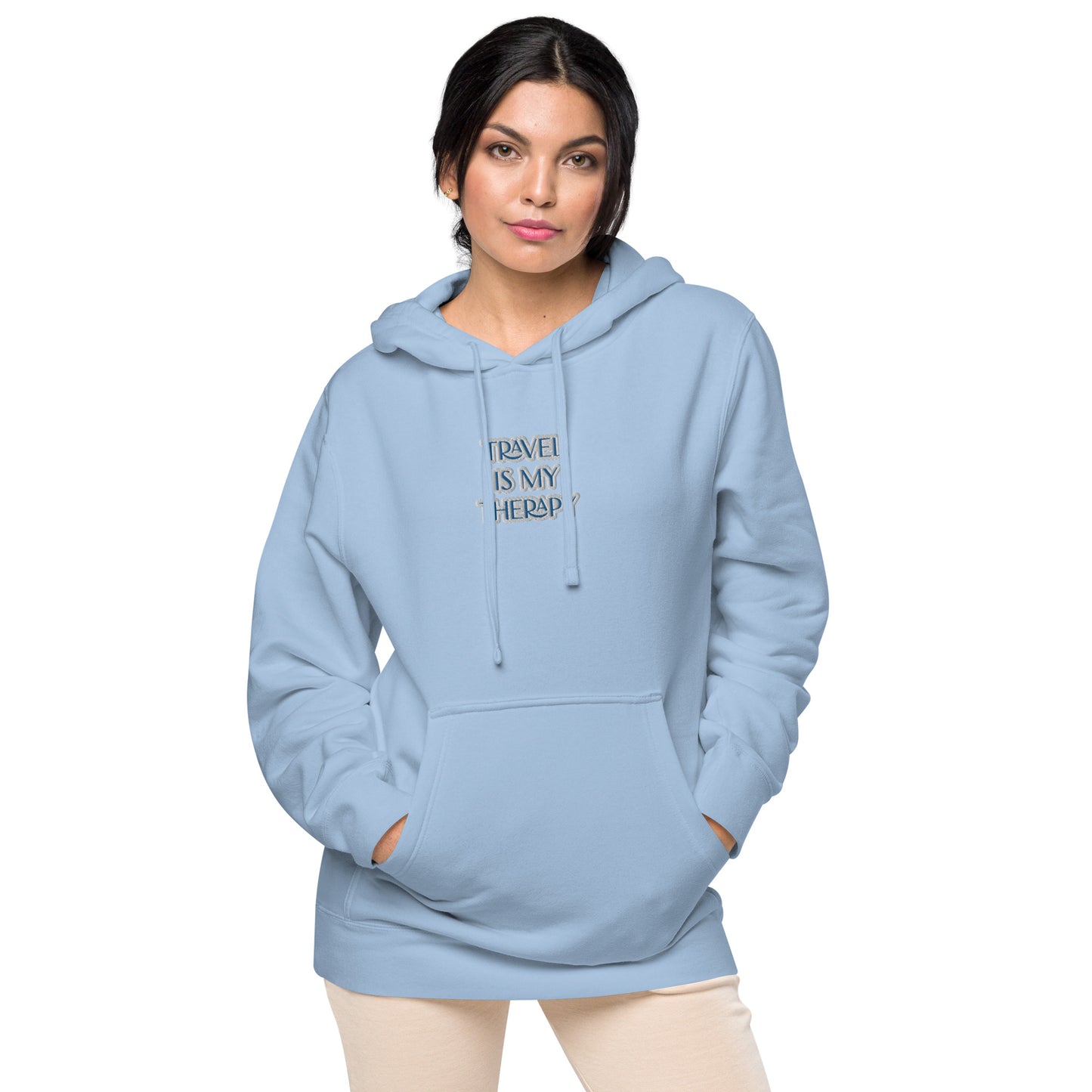 TRAVEL IS MY THERAPY IN BLUE---COTTON & EMBROIDERY UNISEX HOODIE