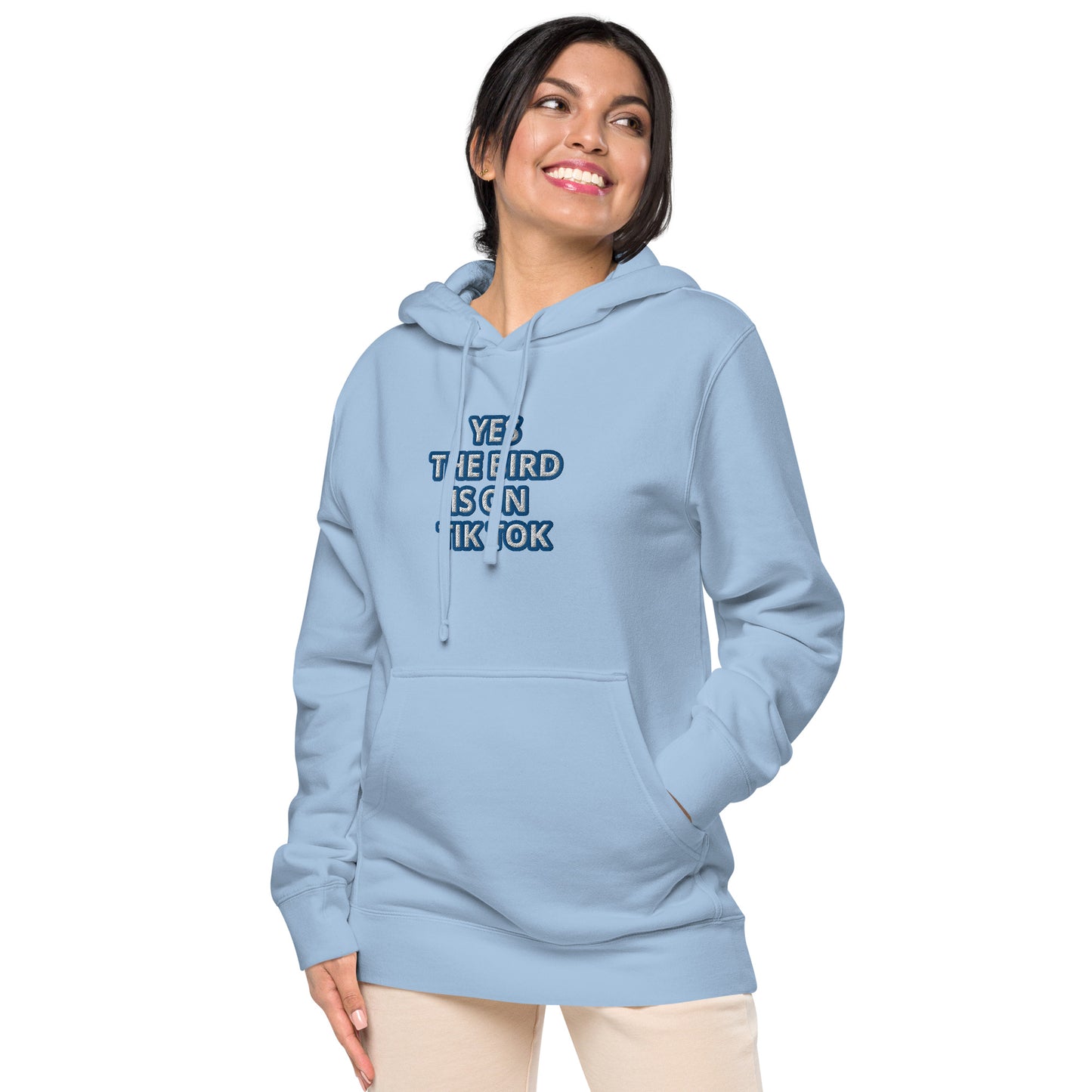 YES THE BIRD IS ON TIK TOK--BLUE---Unisex pigment-dyed hoodie