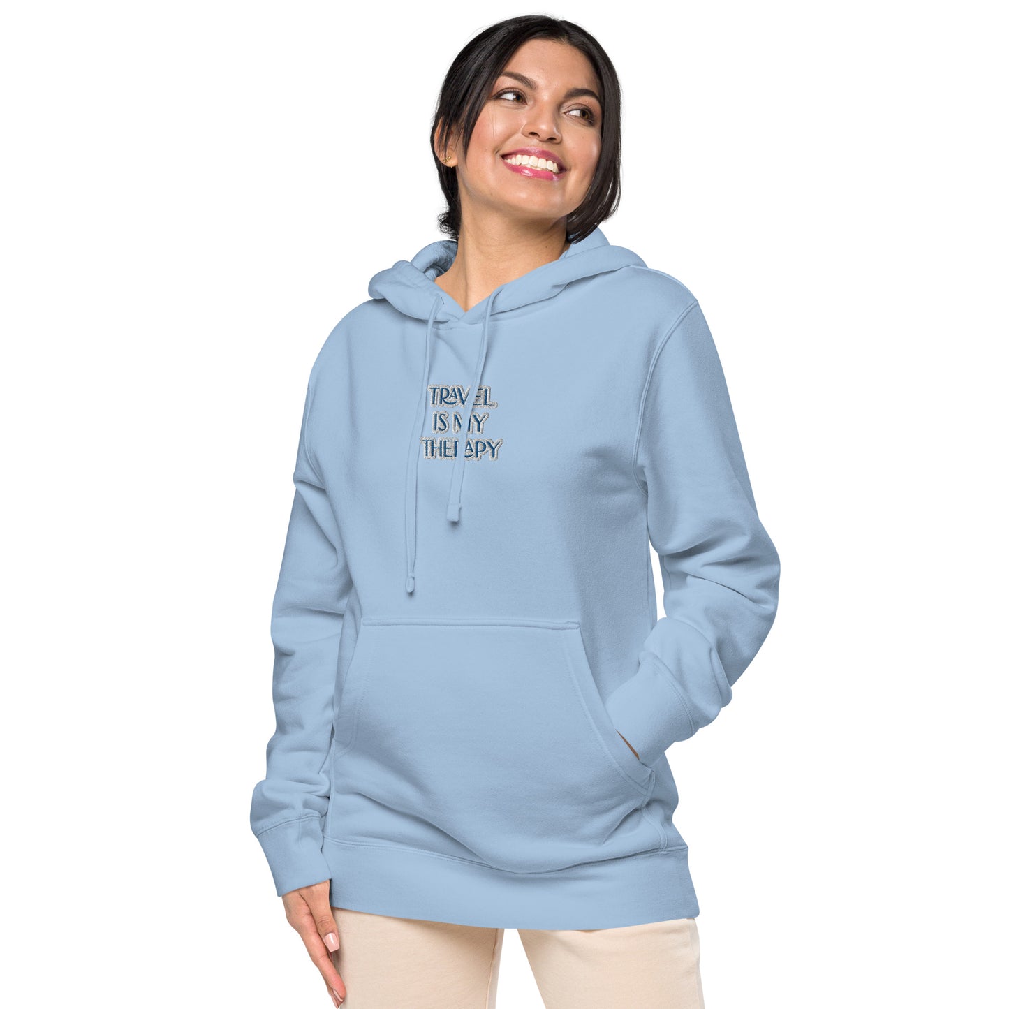 TRAVEL IS MY THERAPY IN BLUE---COTTON & EMBROIDERY UNISEX HOODIE