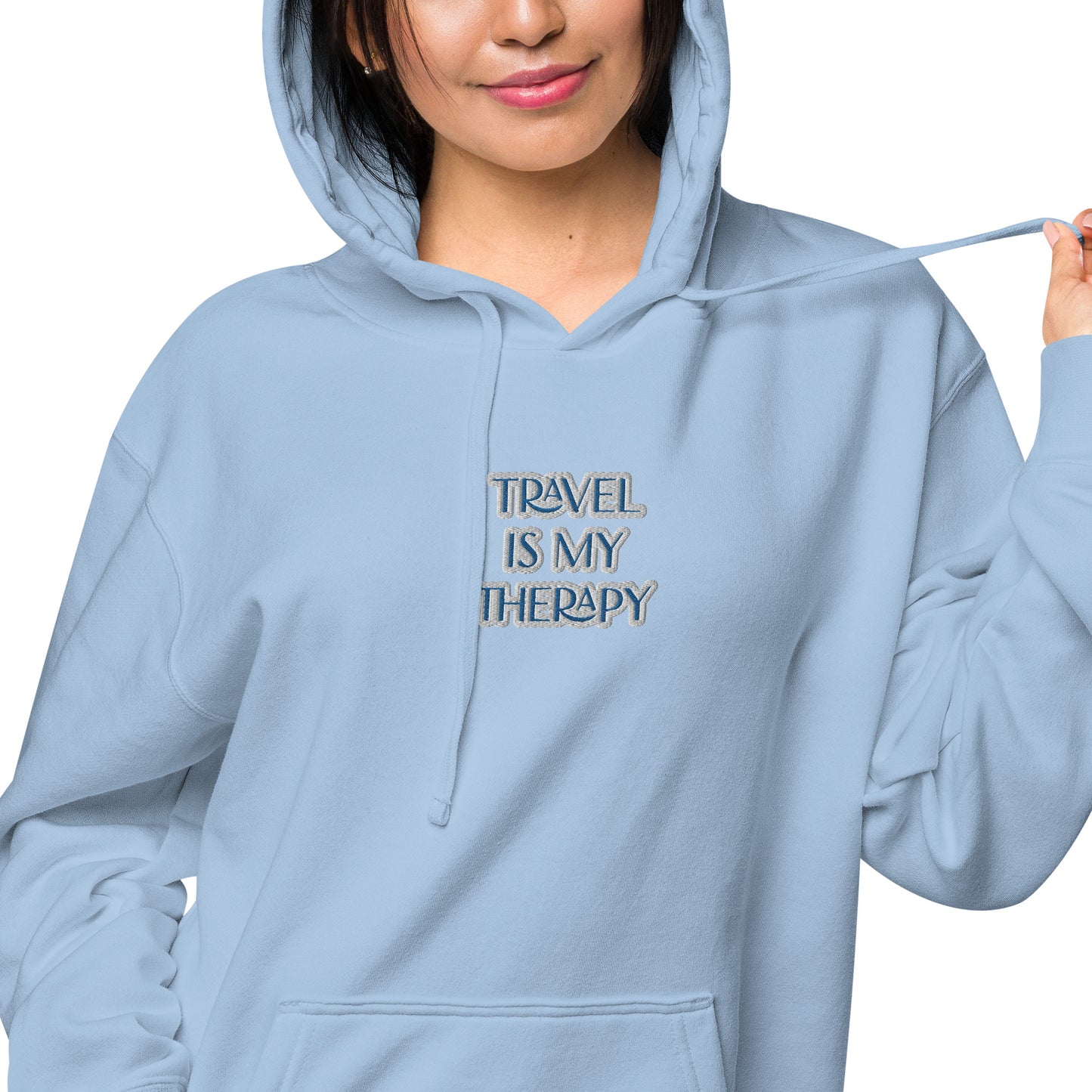 TRAVEL IS MY THERAPY IN BLUE---COTTON & EMBROIDERY UNISEX HOODIE