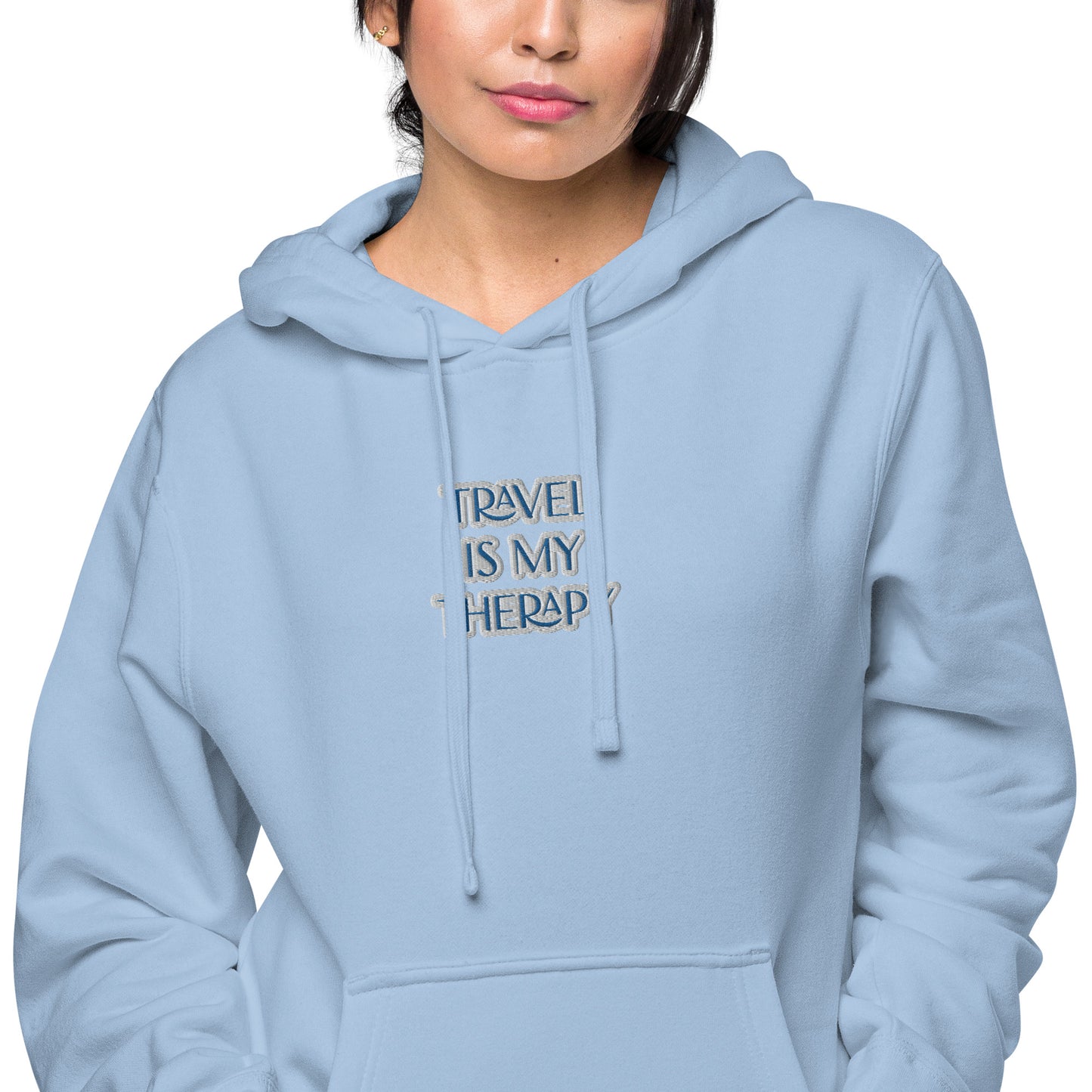 TRAVEL IS MY THERAPY IN BLUE---COTTON & EMBROIDERY UNISEX HOODIE