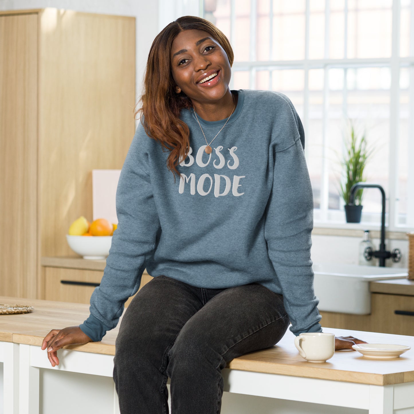 BOSS MODE WHITE STITCH----- Unisex sueded fleece sweatshirt