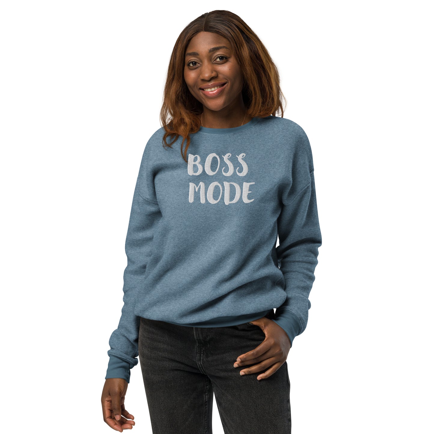 BOSS MODE WHITE STITCH----- Unisex sueded fleece sweatshirt