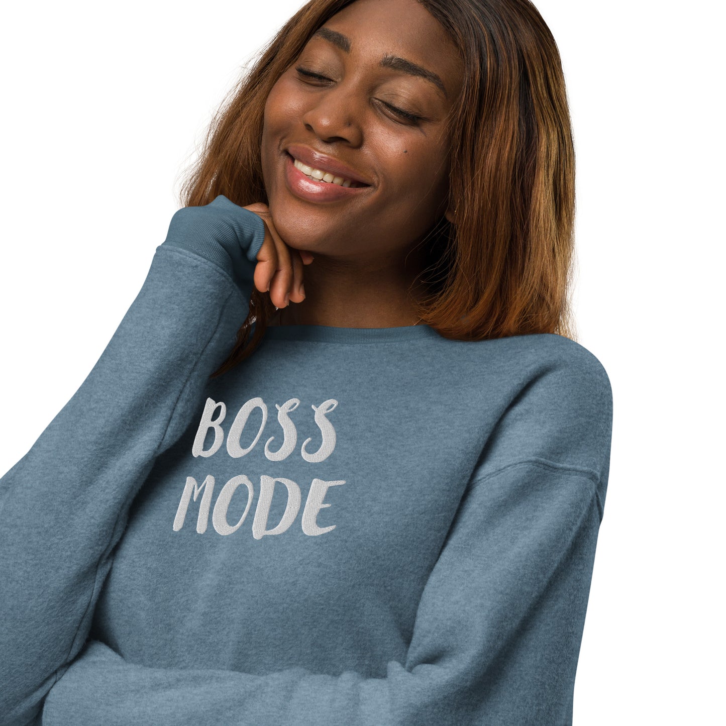 BOSS MODE WHITE STITCH----- Unisex sueded fleece sweatshirt