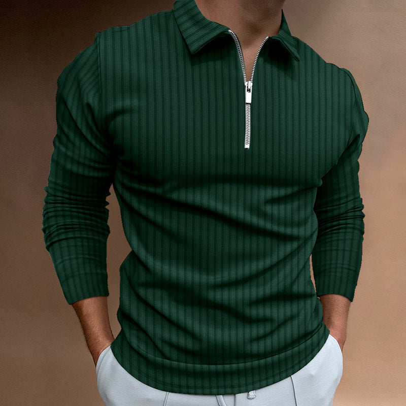 Men's solid color zipper striped long-sleeved POLO shirt